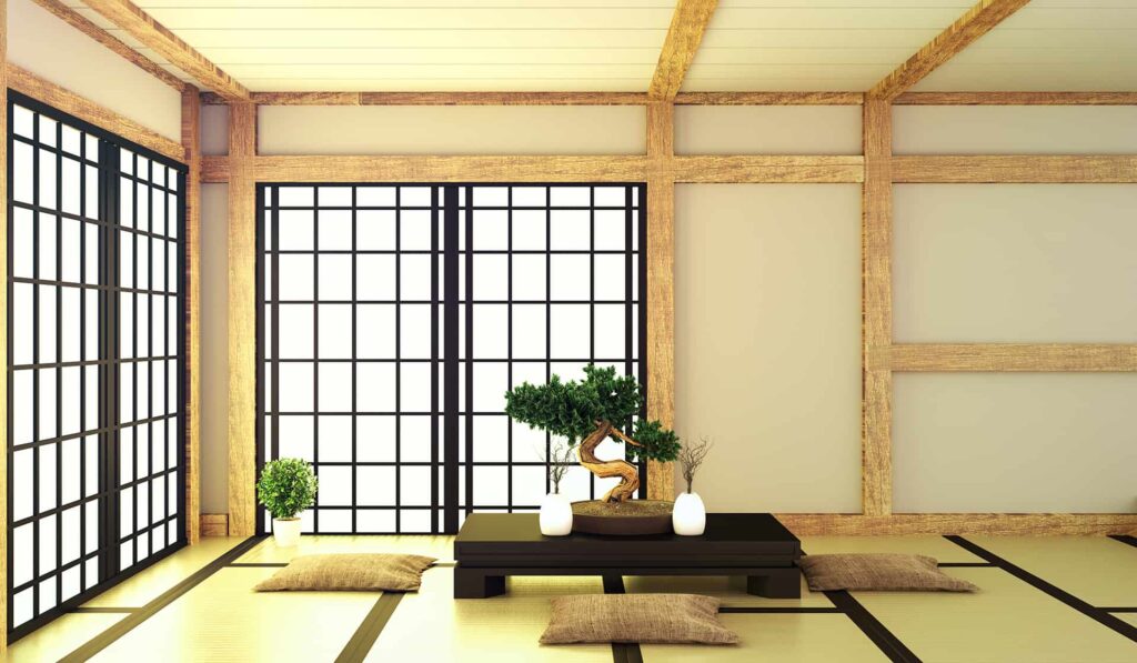 Japońskie wnętrzne z panelami Shoji i drzewkiem bonsai